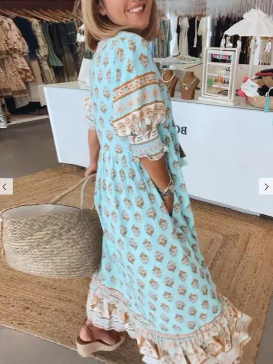 Robe à Col V à Manches Lanternes et Taille Haute