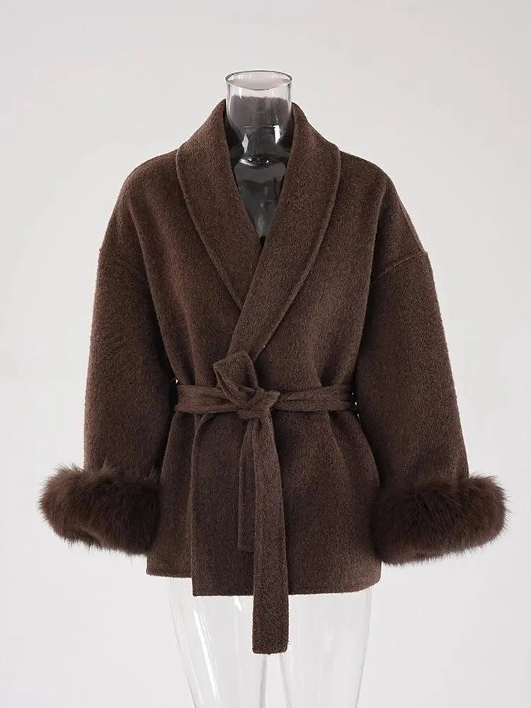 Manteau Laine Double Face en Fourrure de Renard