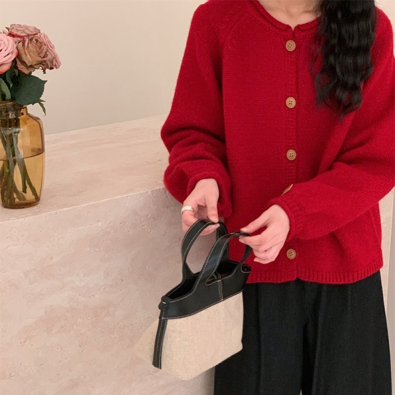 Cardigan Tricoté Vintage à Couleur Unie