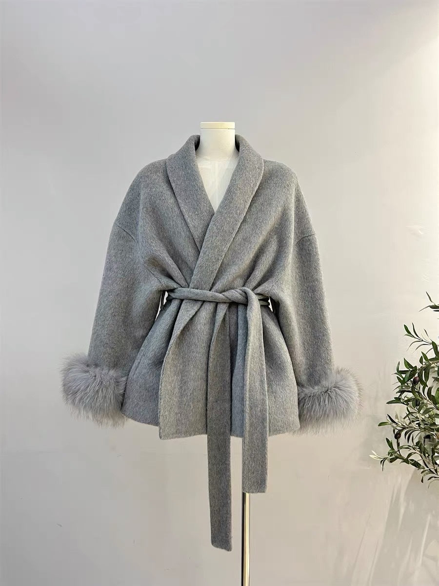Manteau Laine Double Face en Fourrure de Renard