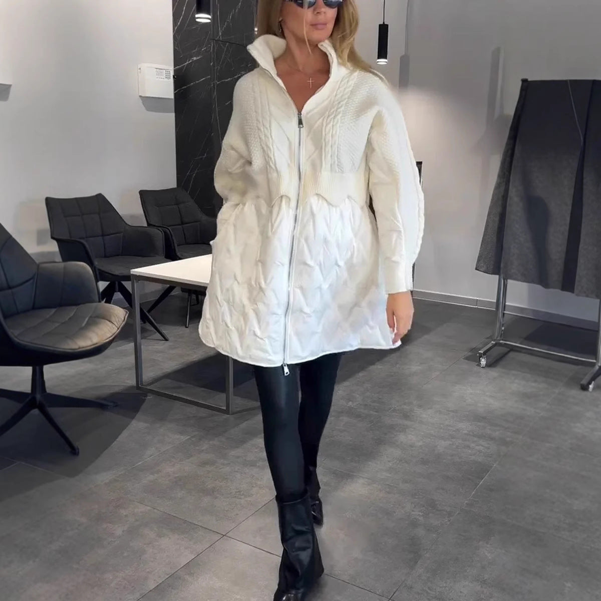 Veste mi-longue en Laine et Coton Matelassé