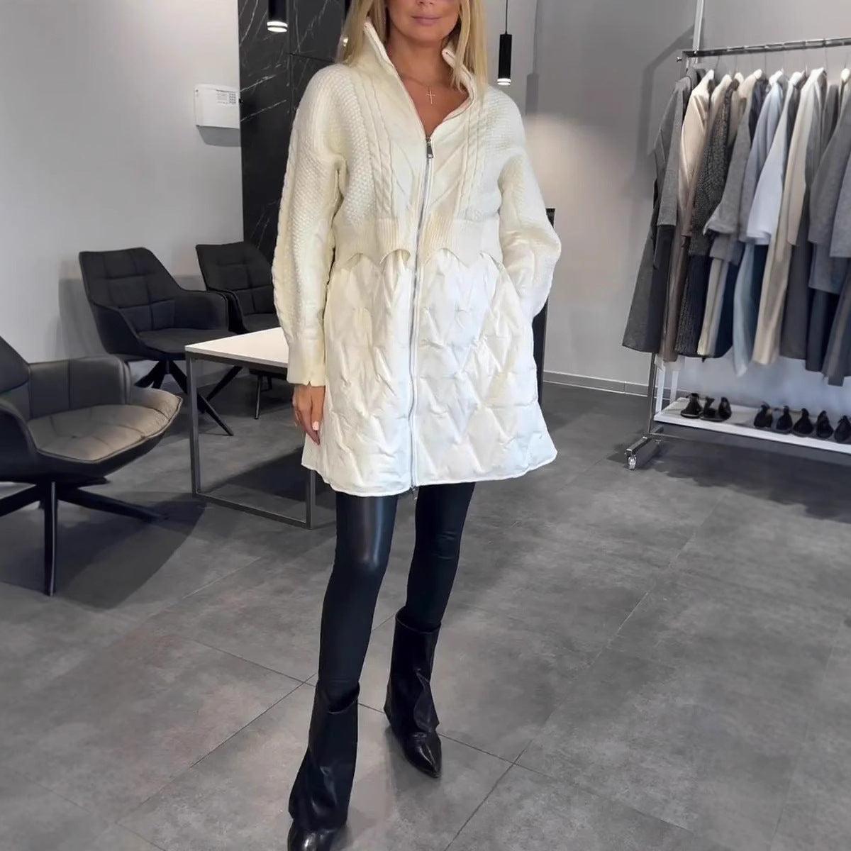 Veste mi-longue en Laine et Coton Matelassé