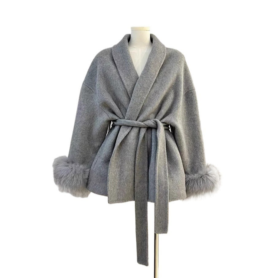 Manteau Laine Double Face en Fourrure de Renard