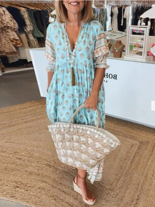 Robe à Col V à Manches Lanternes et Taille Haute