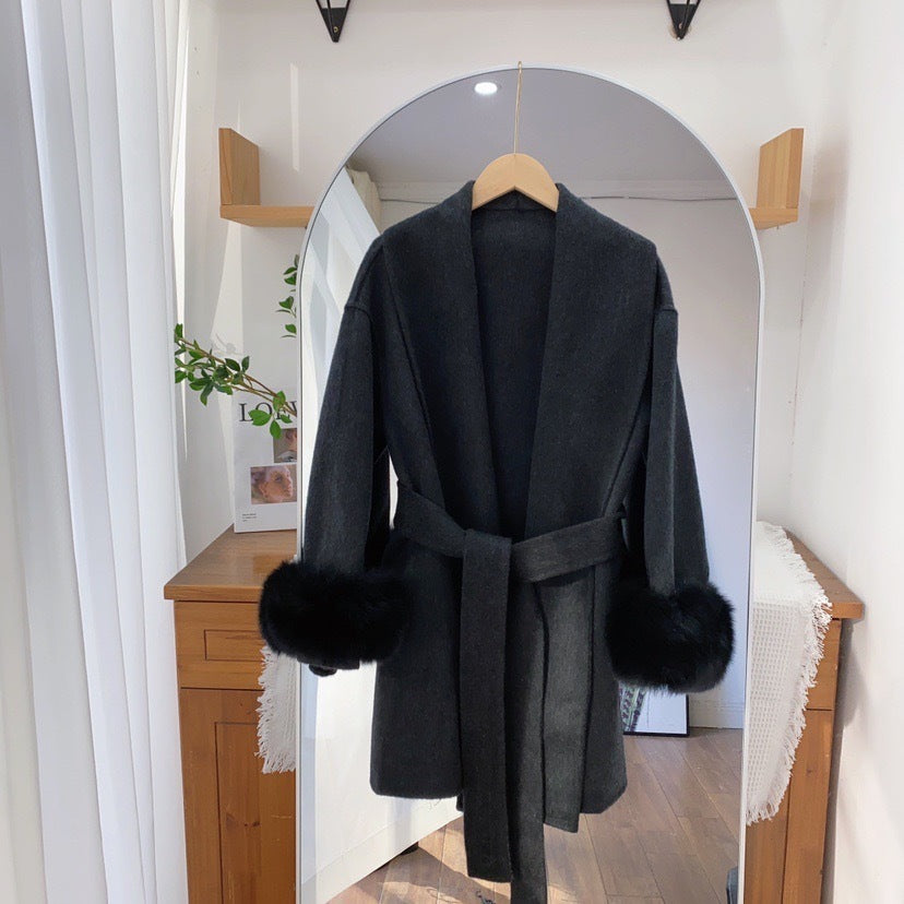 Manteau Laine Double Face en Fourrure de Renard
