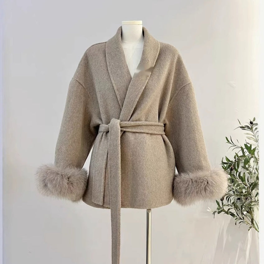 Manteau Laine Double Face en Fourrure de Renard
