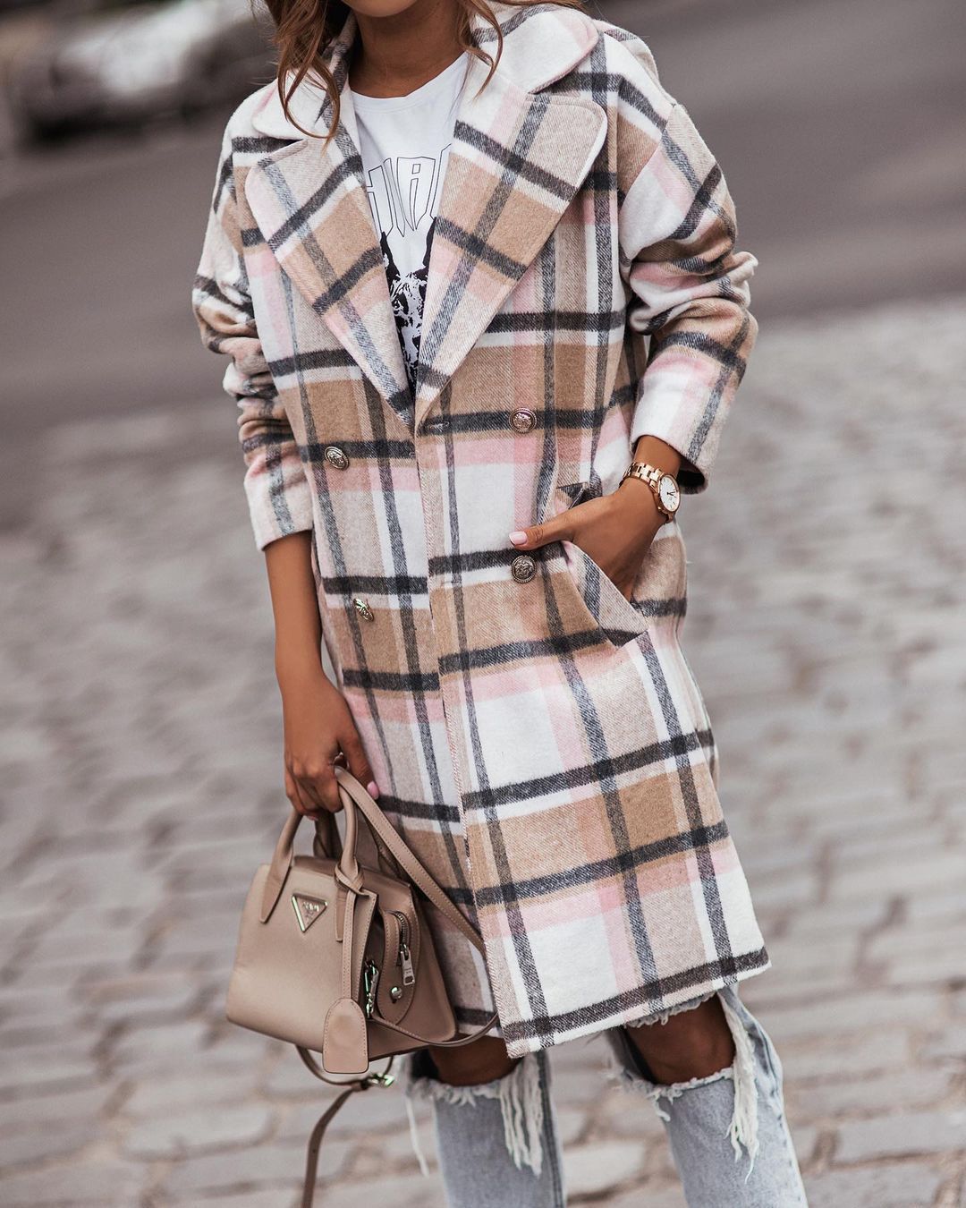 Manteau Long à Carreaux avec Boutonnage Simple