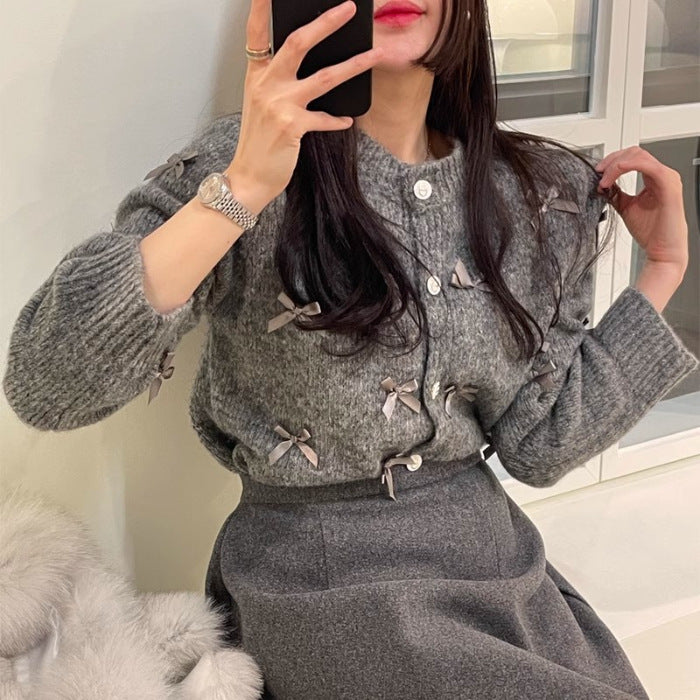 Cardigan en tricot à col rond et nœud pour femme