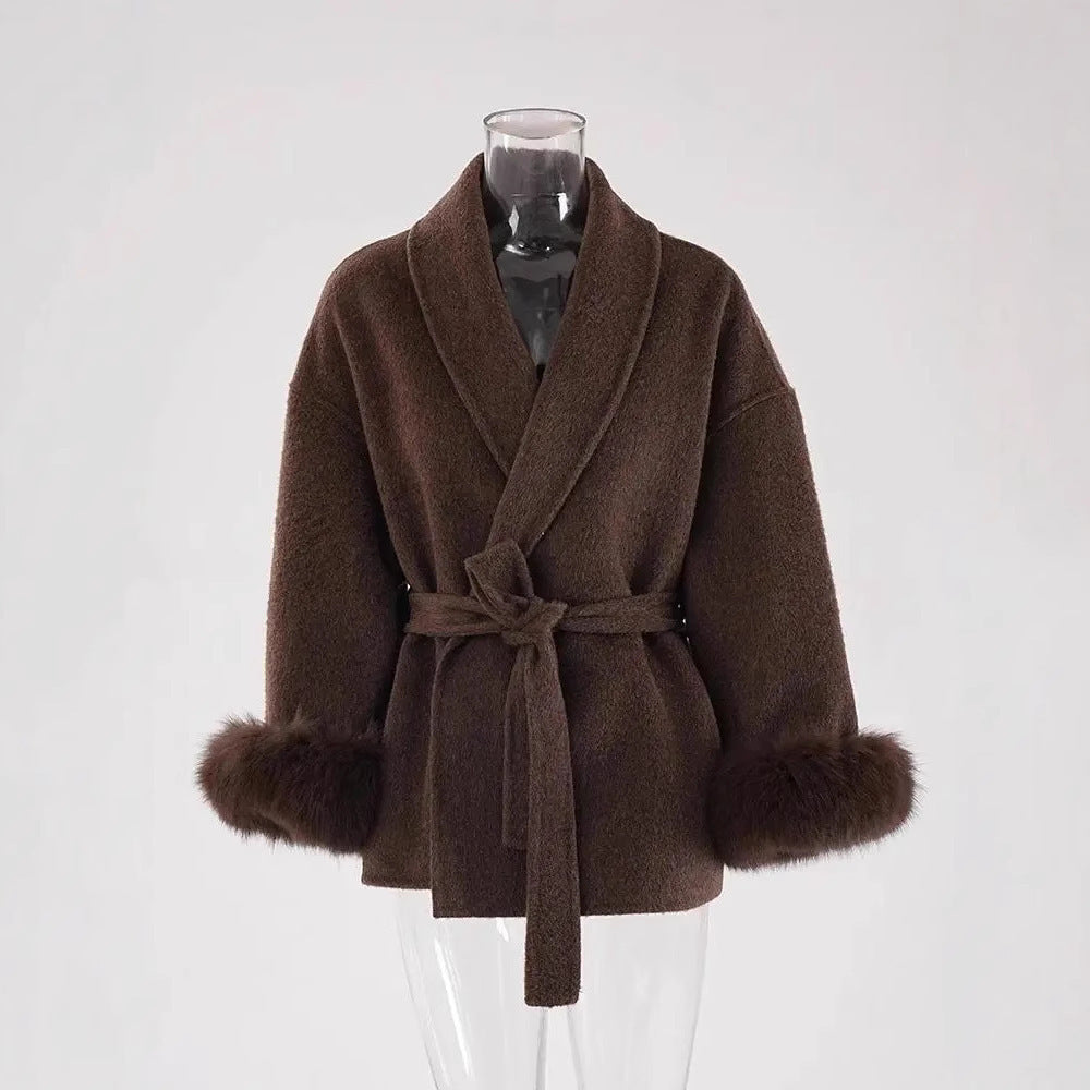 Manteau Laine Double Face en Fourrure de Renard