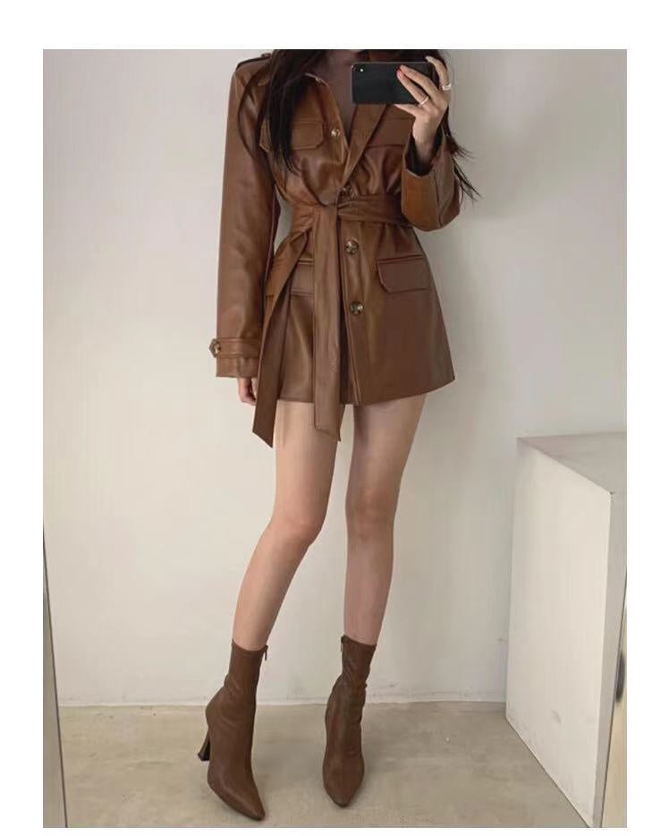 Veste Cuir Mi-Longue à Rangée Unique pour Femme