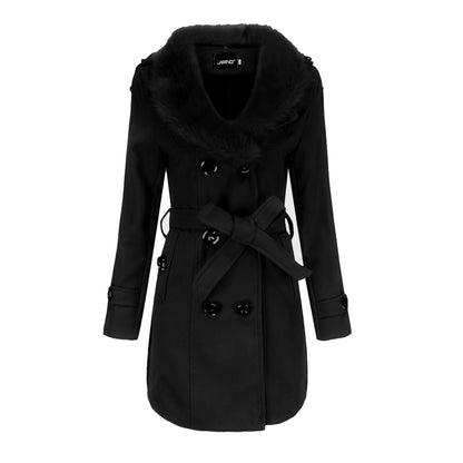 Trench Coat en Laine Mi-Longue avec Fourrure pour Femme