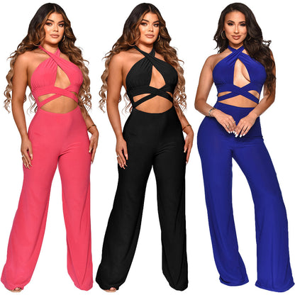 Halter Neck Sleeveless Jumpsuit Solid Color Wide Leg Pants