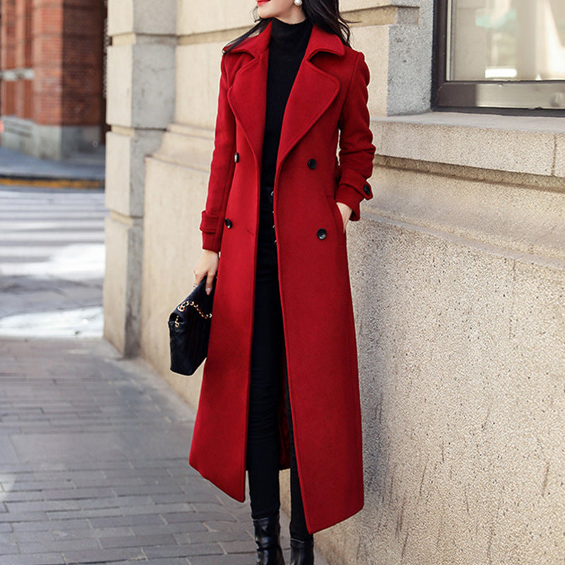 Trench Coat Long en Laine pour Femme avec Col Revers