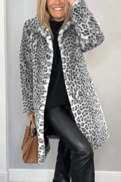 Manteau mi-long en fausse fourrure imprimé léopard