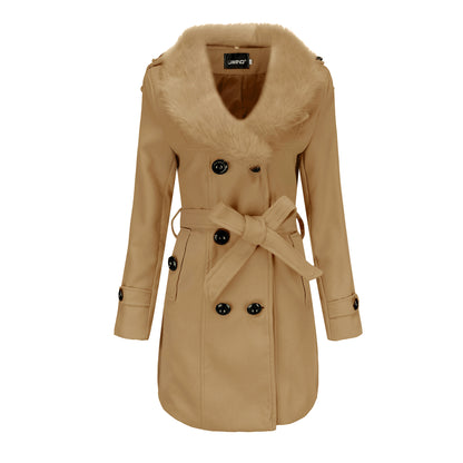 Trench Coat en Laine Mi-Longue avec Fourrure pour Femme