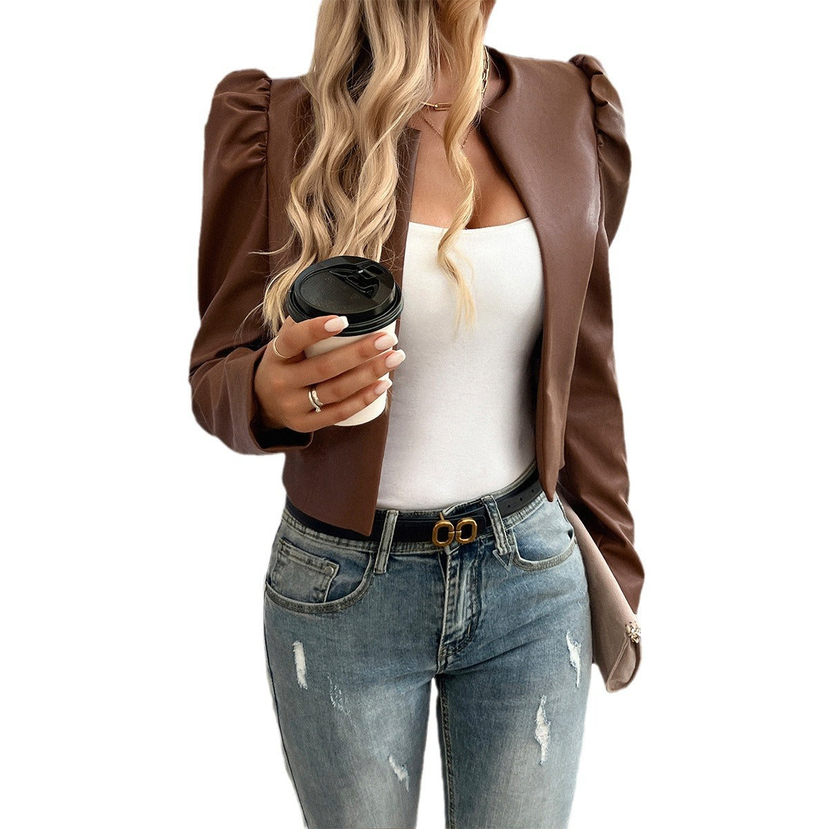 Veste Femme Cardigan en Cuir Unicolore au Style Décontracté