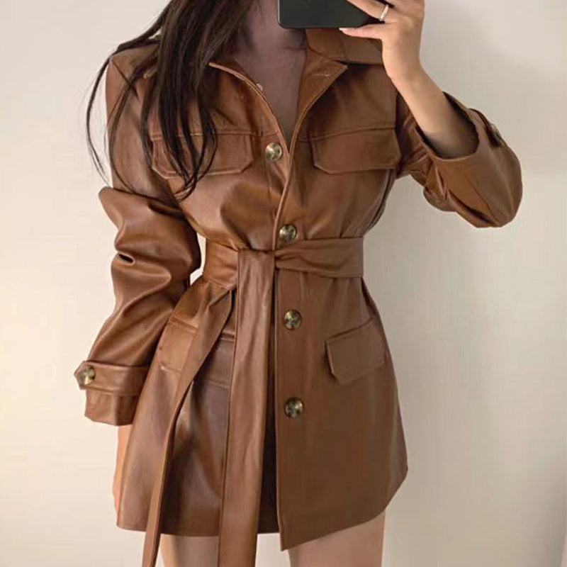Veste Cuir Mi-Longue à Rangée Unique pour Femme