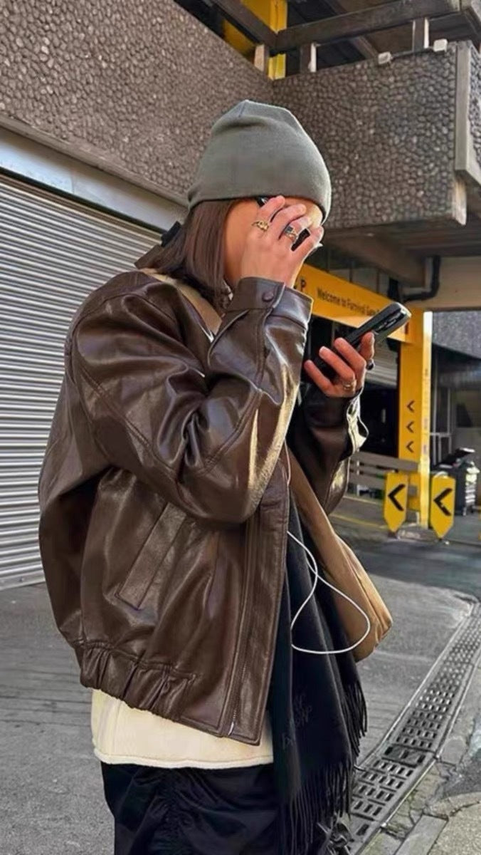 Veste Moto en Cuir Marron Vintage