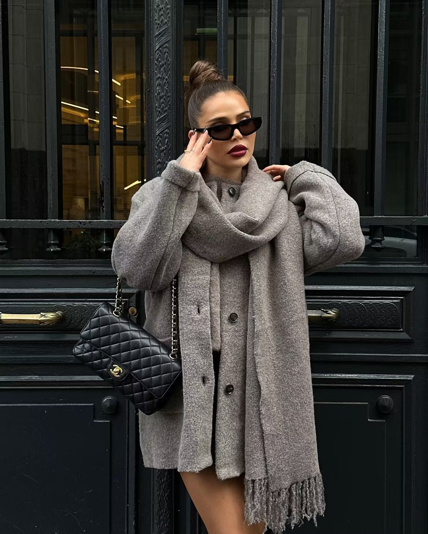 Manteau Midi en Laine Tricotée avec Cape et Écharpe