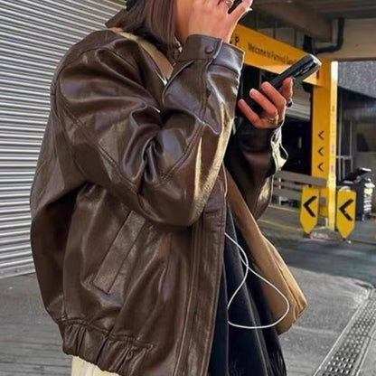 Veste Moto en Cuir Marron Vintage