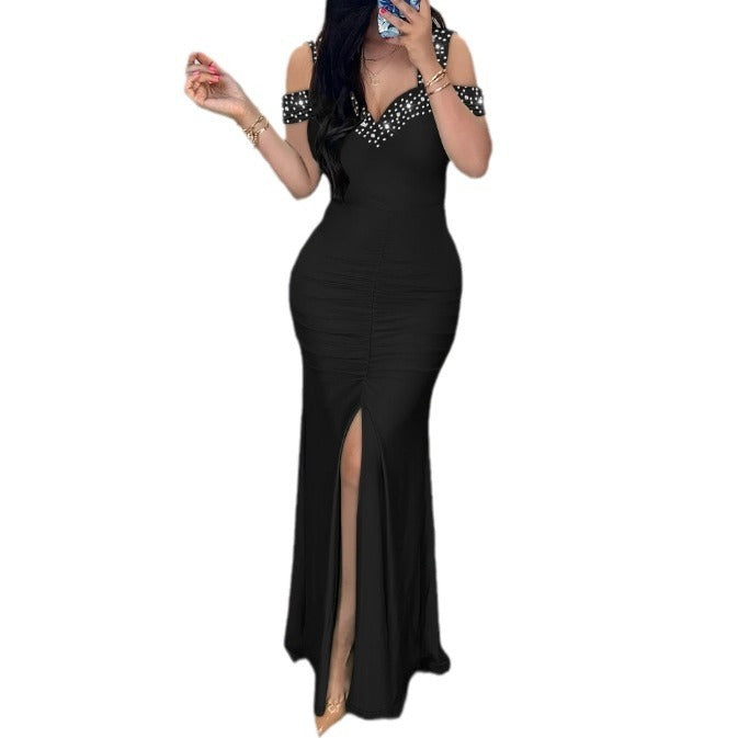 Robe Épaules Dénudées Cintrée avec Fente Élégante