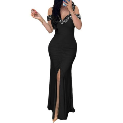 Robe Épaules Dénudées Cintrée avec Fente Élégante