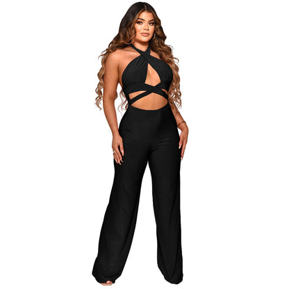 Halter Neck Sleeveless Jumpsuit Solid Color Wide Leg Pants
