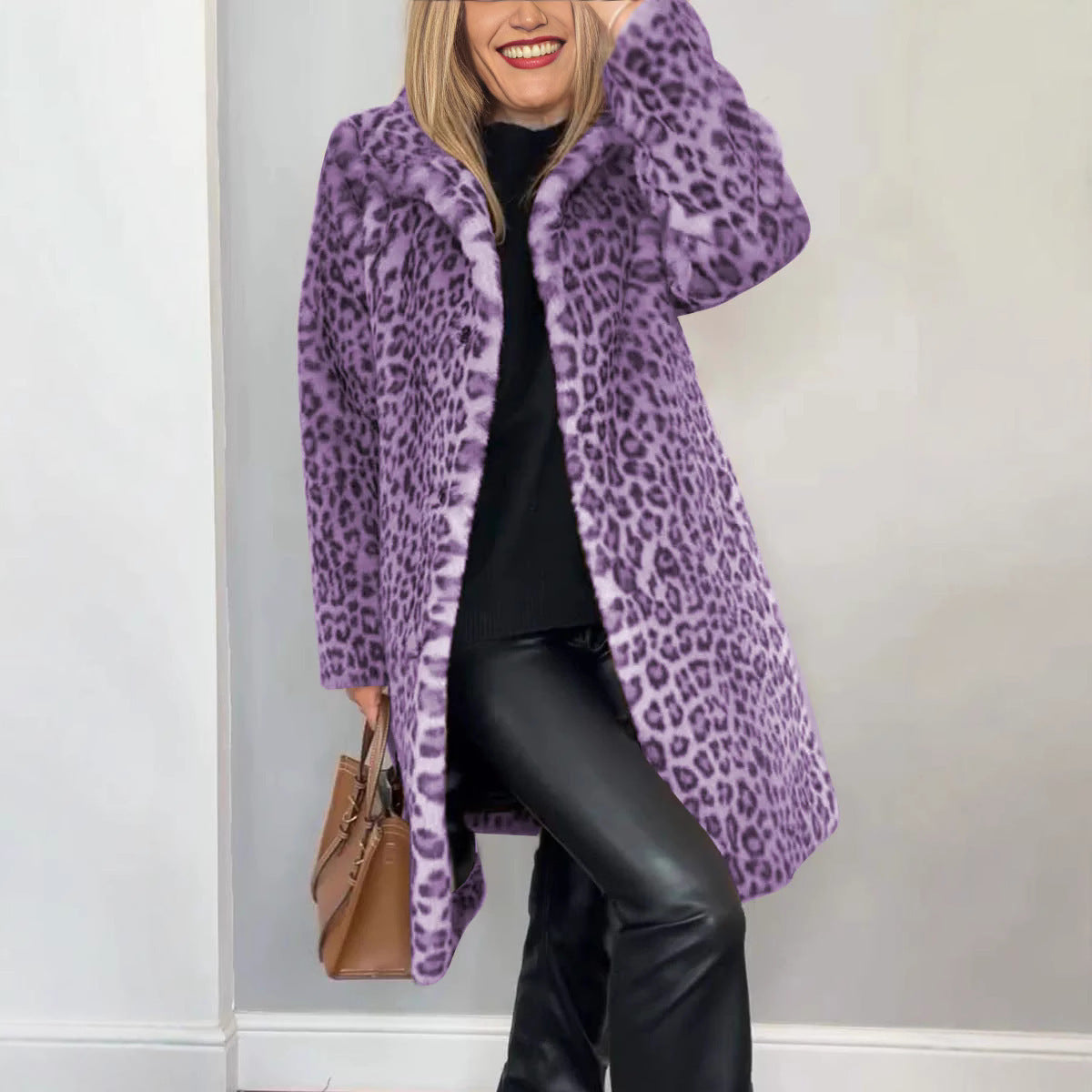 Manteau mi-long en fausse fourrure imprimé léopard