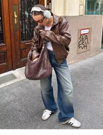 Veste Moto en Cuir Marron Vintage