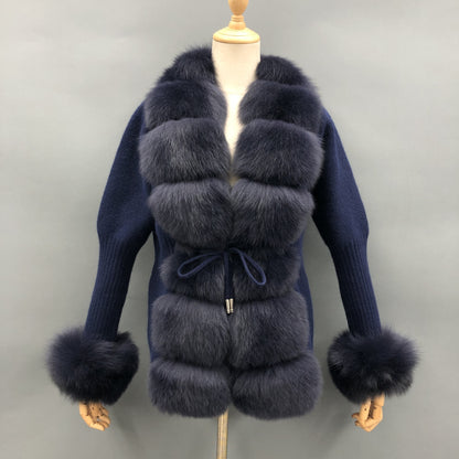 Cardigan Femme Tricoté avec Manchette en Fourrure