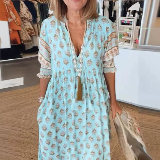 Robe à Col V à Manches Lanternes et Taille Haute