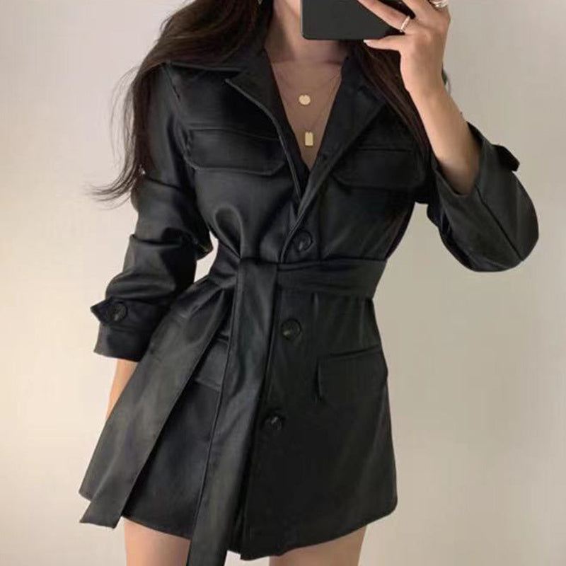 Veste Cuir Mi-Longue à Rangée Unique pour Femme