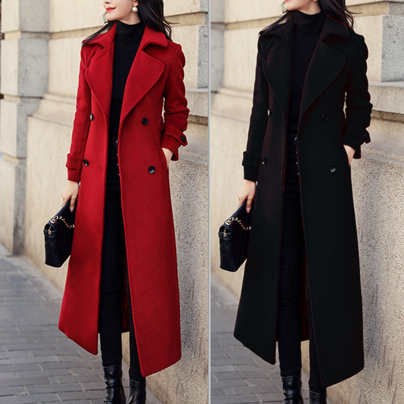 Trench Coat Long en Laine pour Femme avec Col Revers
