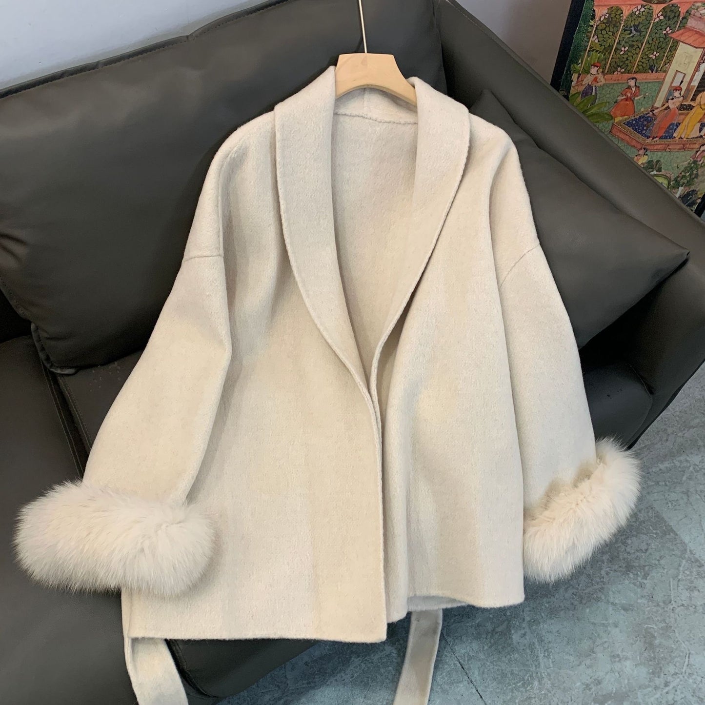 Manteau Laine Double Face en Fourrure de Renard