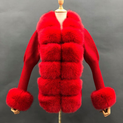 Cardigan Femme Tricoté avec Manchette en Fourrure