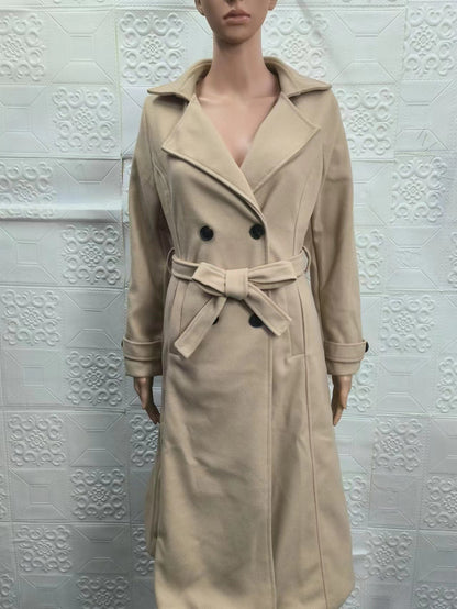 Trench Coat Long en Laine pour Femme avec Col Revers