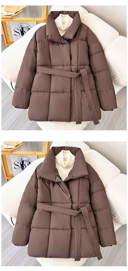 Veste d’Hiver Élégante à Col Revers avec Ceinture