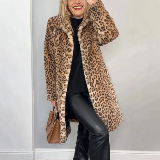 Manteau mi-long en fausse fourrure imprimé léopard