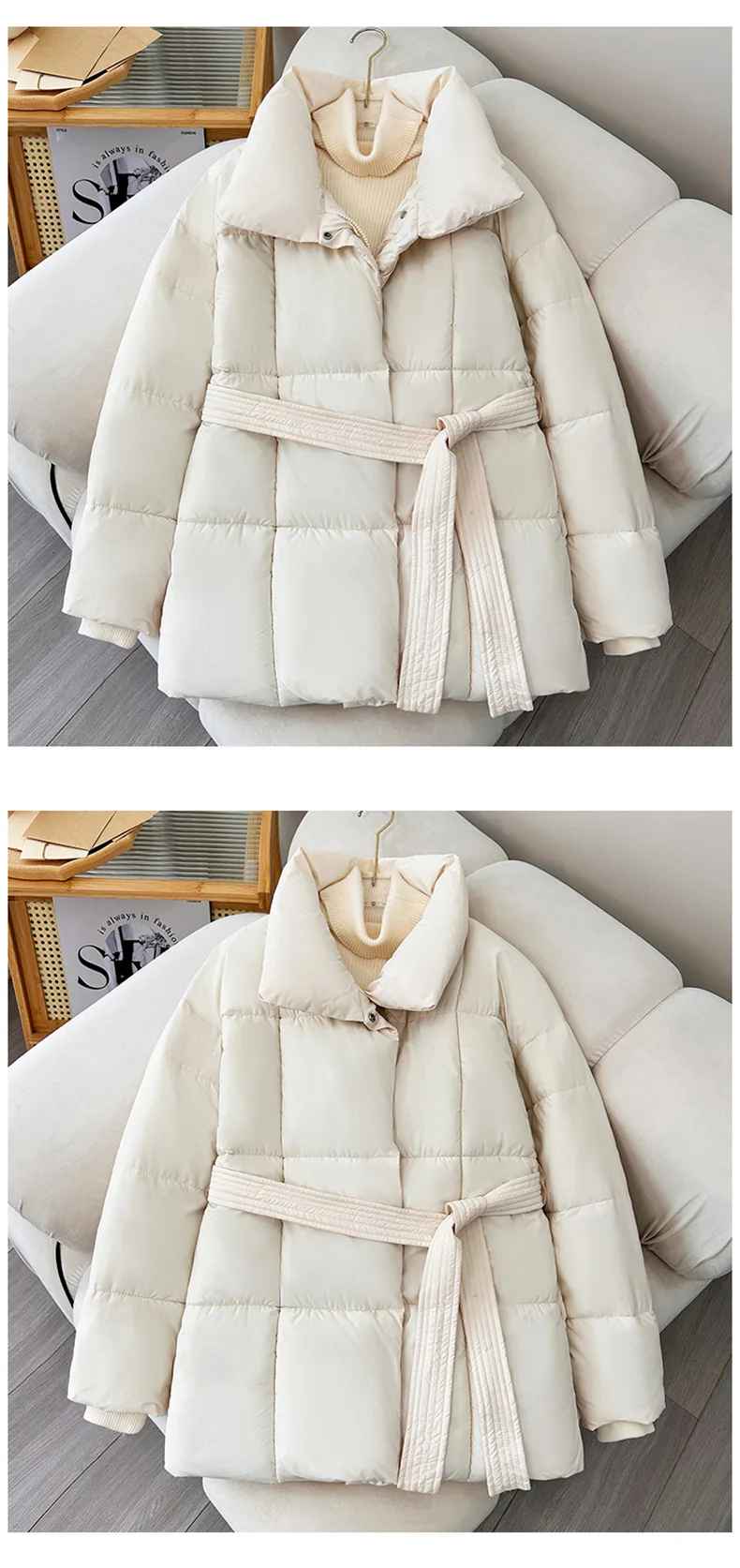 Veste d’Hiver Élégante à Col Revers avec Ceinture