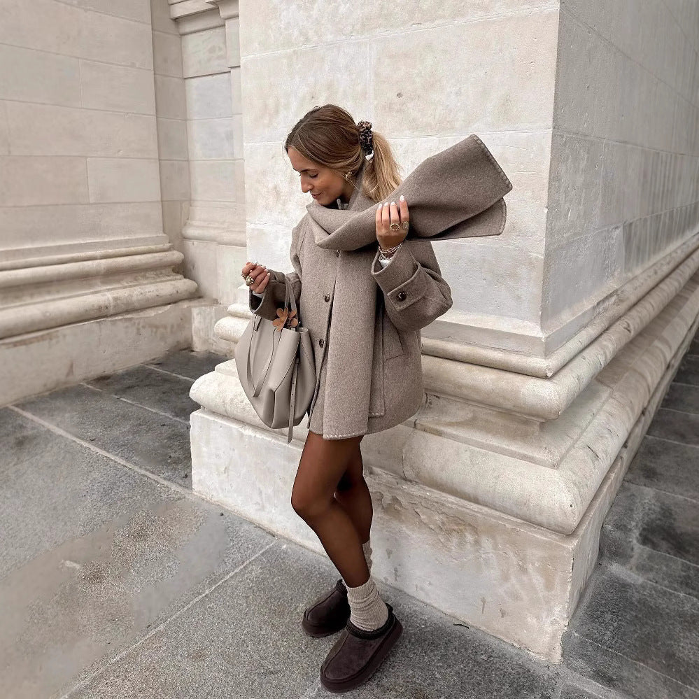 Veste Courte Femme avec Col Écharpe Détachable