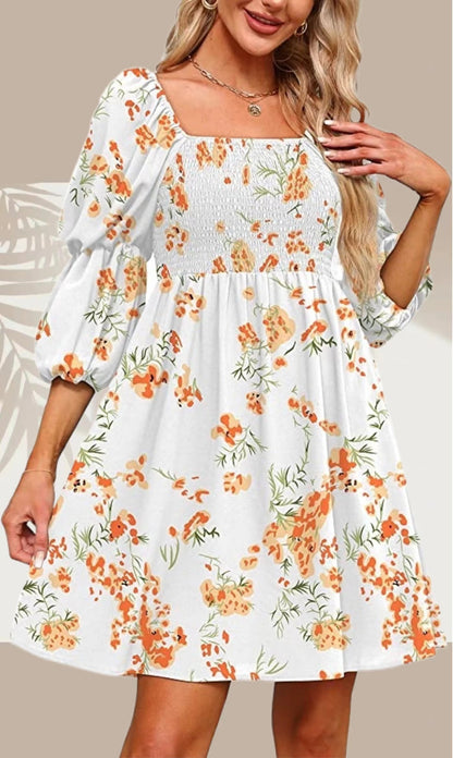 Robe à Manches Bouffantes et Motif Floral