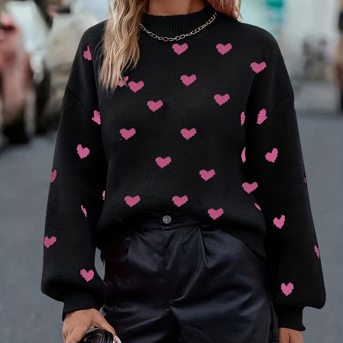 Pull en Maille à Col Rond et Motif Cœur