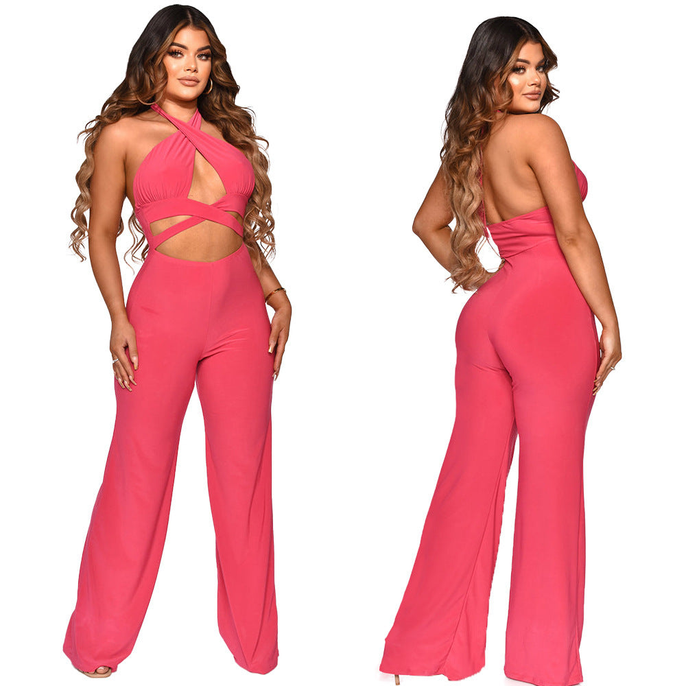 Halter Neck Sleeveless Jumpsuit Solid Color Wide Leg Pants