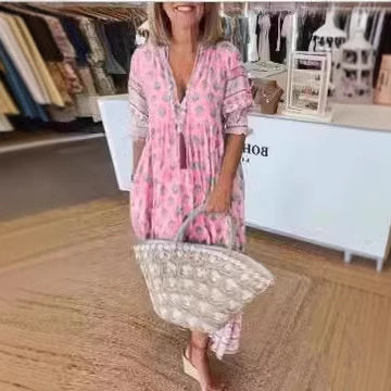 Robe à Col V à Manches Lanternes et Taille Haute