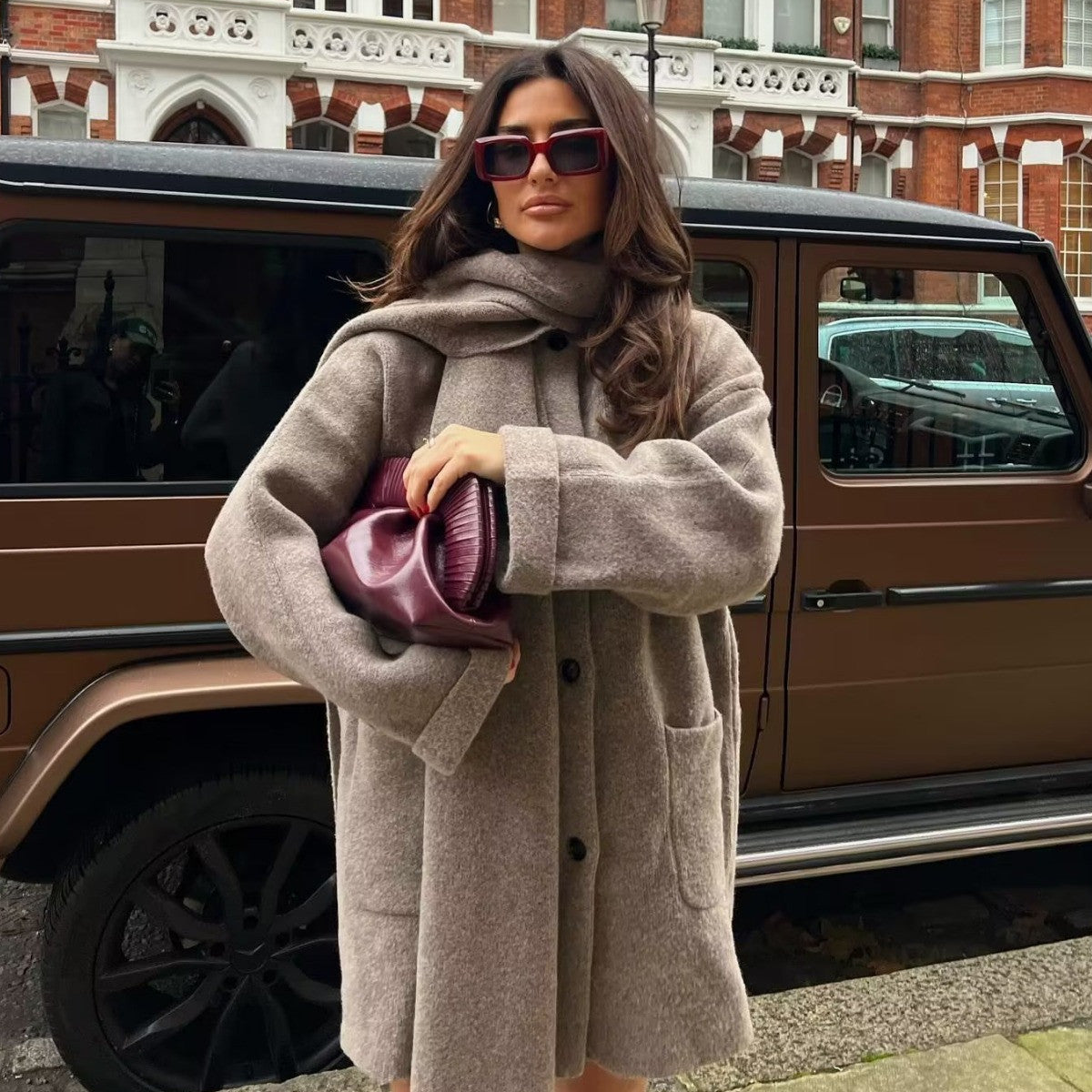 Manteau Midi en Laine Tricotée avec Cape et Écharpe