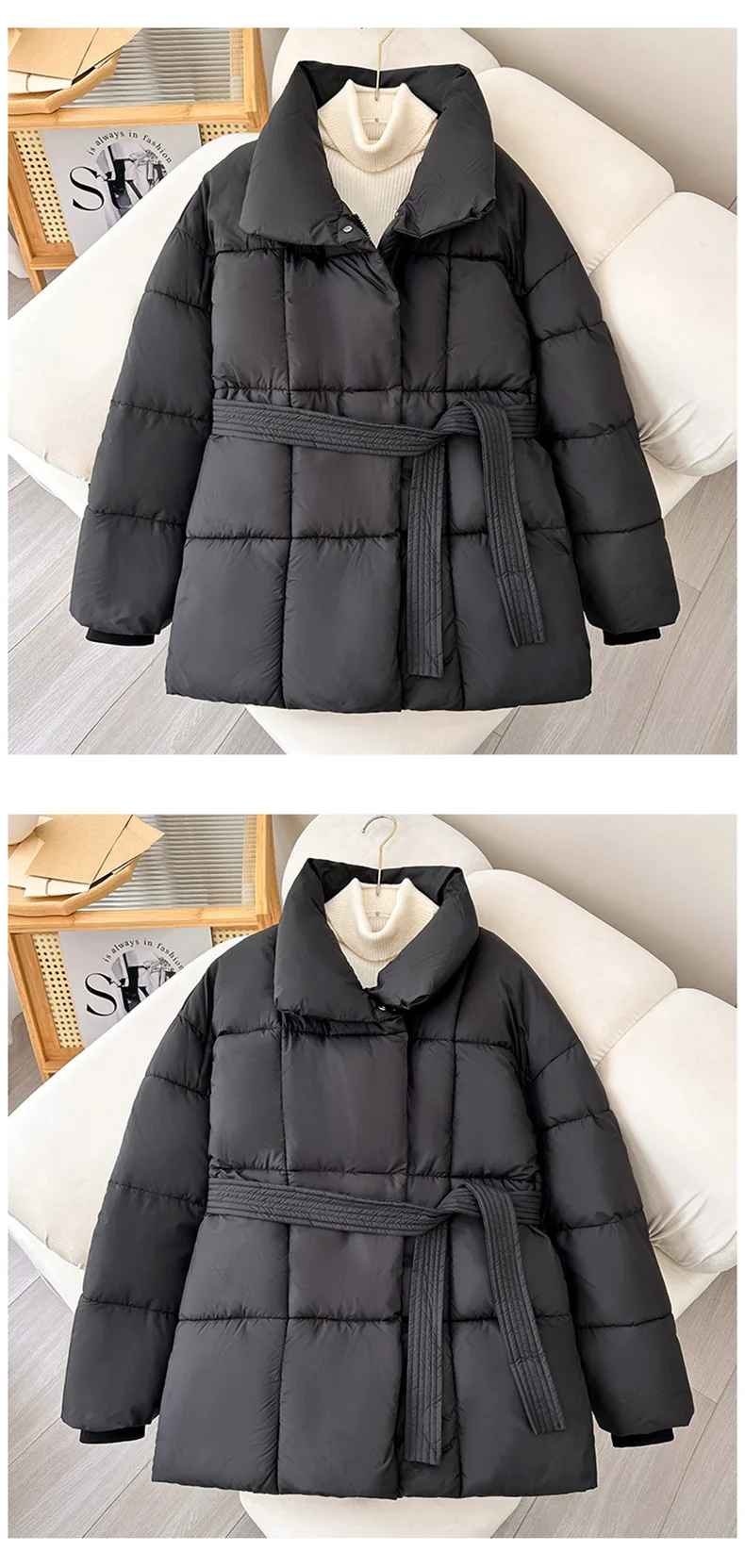 Veste d’Hiver Élégante à Col Revers avec Ceinture