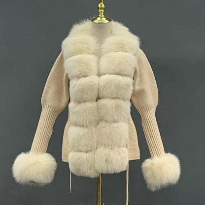 Cardigan Femme Tricoté avec Manchette en Fourrure