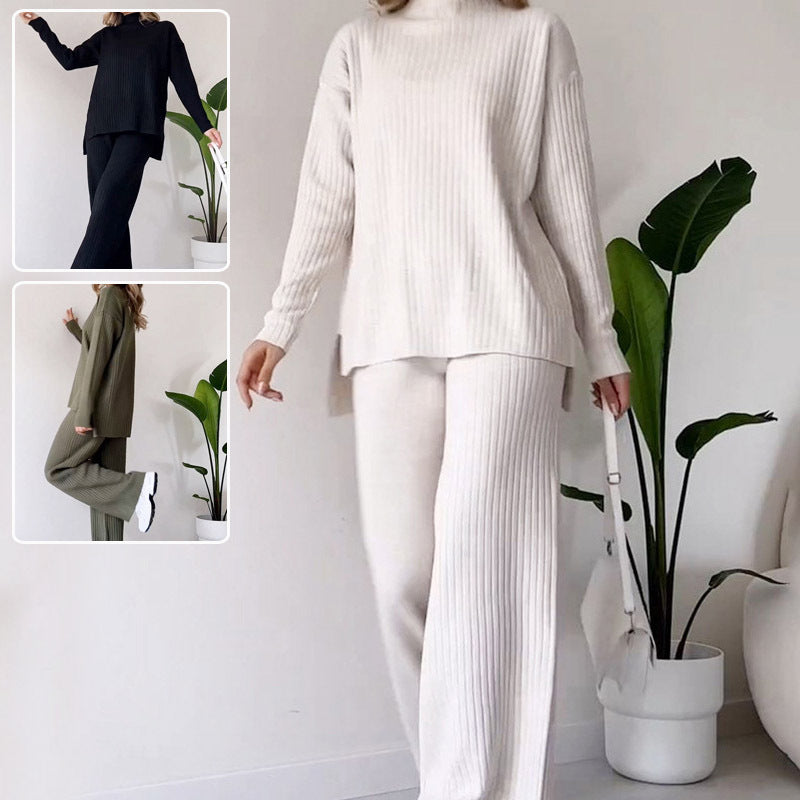 Ensemble Tricoté Élégant à Col Roulé et Pantalon Droit