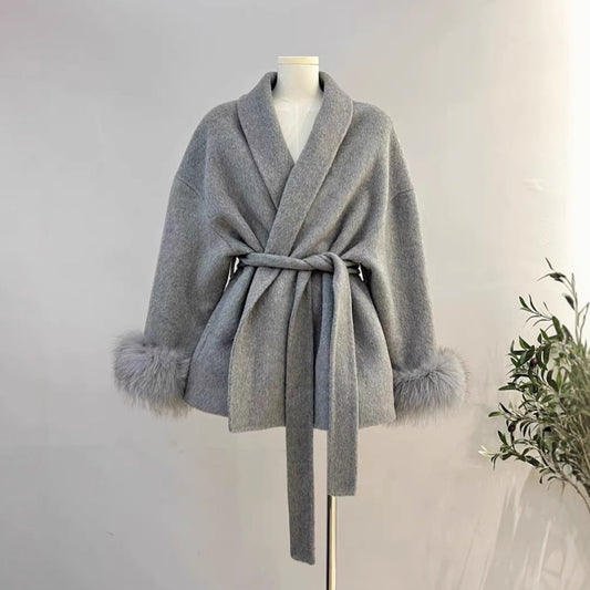Manteau Laine Double Face en Fourrure de Renard