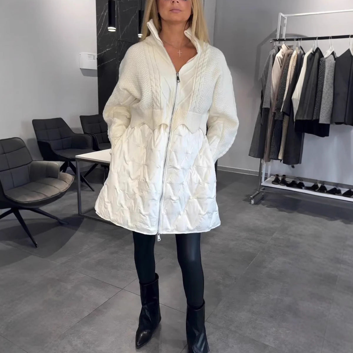 Veste mi-longue en Laine et Coton Matelassé